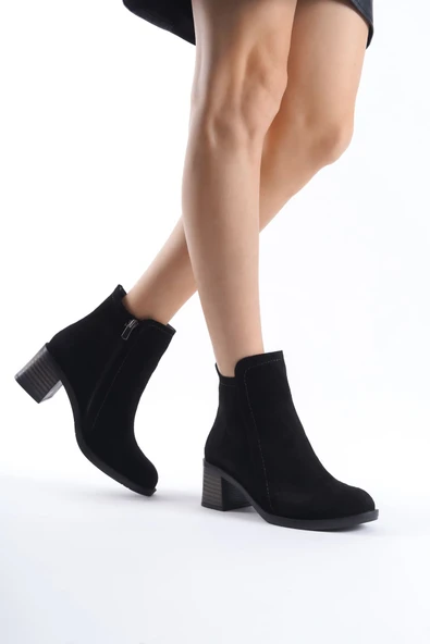 New Larissa Kısa Topuklu Siyah Süet Kadın Bot - Resim 2