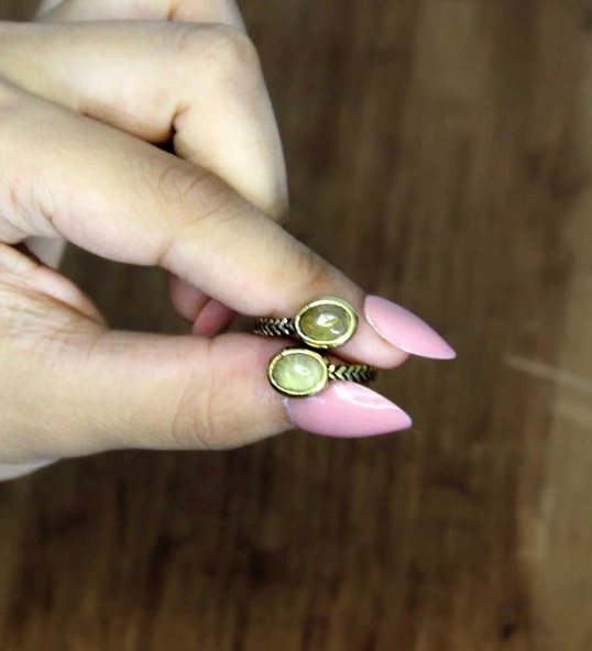 Doğal Taş Sitrin İkili Doğal Taşlı Antik Model Kadın Ayarlanabillir Yüzük euy75s - Resim 3