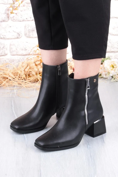 Pierre Cardin 54971 Siyah Cilt Fermuar Detaylı Kalın Topuklu Kadın Bot - Resim 4