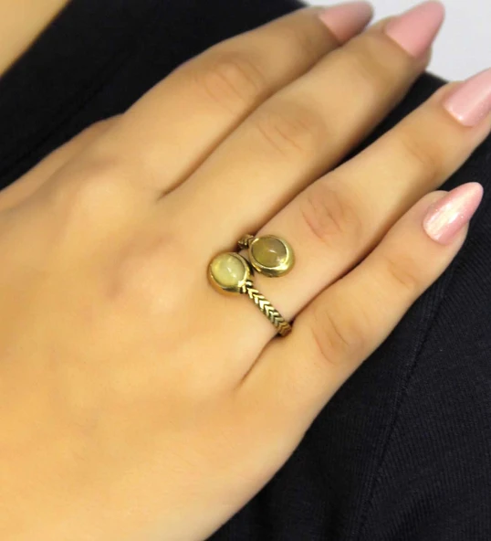 Doğal Taş Sitrin İkili Doğal Taşlı Antik Model Kadın Ayarlanabillir Yüzük euy75s - Resim 2