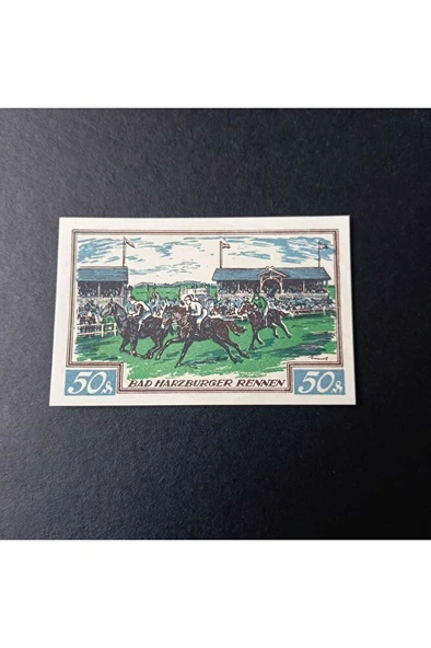 Escoines Koleksiyon 3996368f8069caaa1f 1923 GERMAN TRADE CARD HORSE RACING SCENE 50Pf NORTGELD ÇİL ürün görseli 1