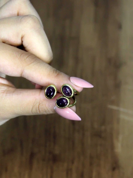 Doğal Taş Ametist Üçlü Doğal Taşlı Antik Model Kadın Ayarlanabillir Yüzük euy76amt - Resim 3