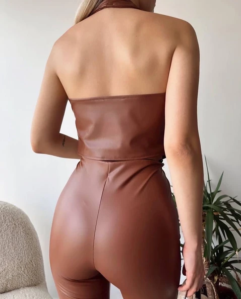 İki düğmeli deri yelek kahve s243001 - Resim 3