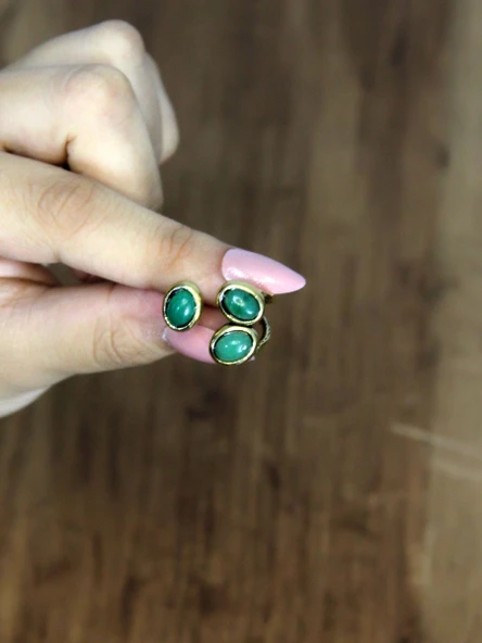 Doğal Taş Yeşil Akik Üçlü Doğal Taşlı Antik Model Kadın Ayarlanabillir Yüzük euy76ya - Resim 3