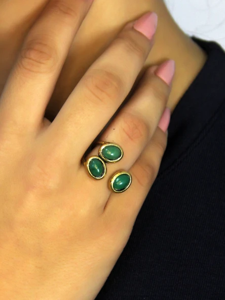 Doğal Taş Yeşil Akik Üçlü Doğal Taşlı Antik Model Kadın Ayarlanabillir Yüzük euy76ya ürün görseli