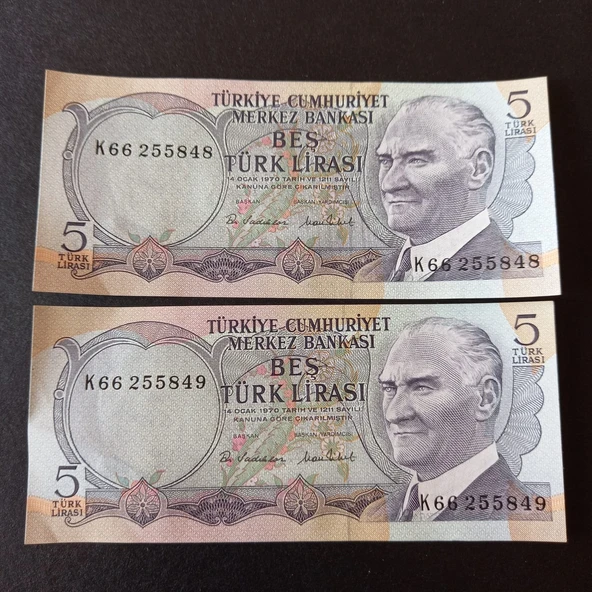 Escoine Koleksiyon 3996368f6c28b9c41a 6.Emisyon 5türk-lirası seri takipli CA/ÇİL eski kağıt para ürün görseli 1