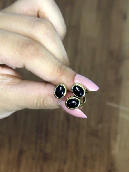 Doğal Taş Oniks Üçlü Doğal Taşlı Antik Model Kadın Ayarlanabillir Yüzük euy76o - Resim 3