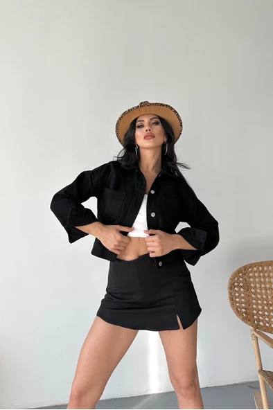 Çift cepli kol katlamalı süper taş enzim yıkamalı crop kot ceket siyah d2000 ürün görseli 1