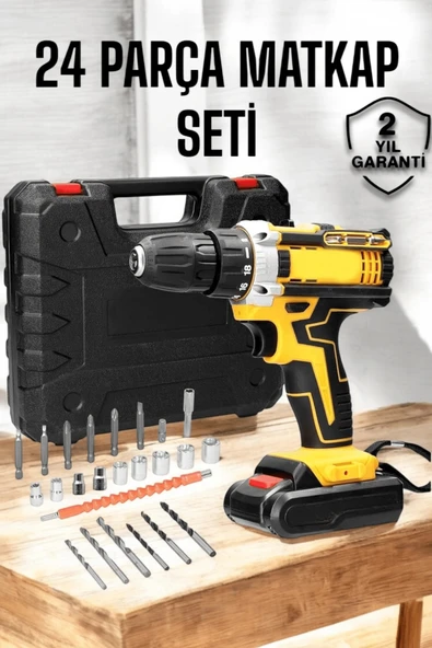 Çift Bataryalı Metal Dişli Darbeli Şarjlı Matkap Seti 24W Güç ve 24 Parça Aksesuar - 1