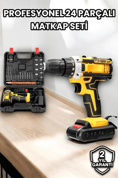 Metal Dişli 24W Akülü Matkap -Çift Bataryalı ve LED Çalışma Işığı ile Tam Set - 1