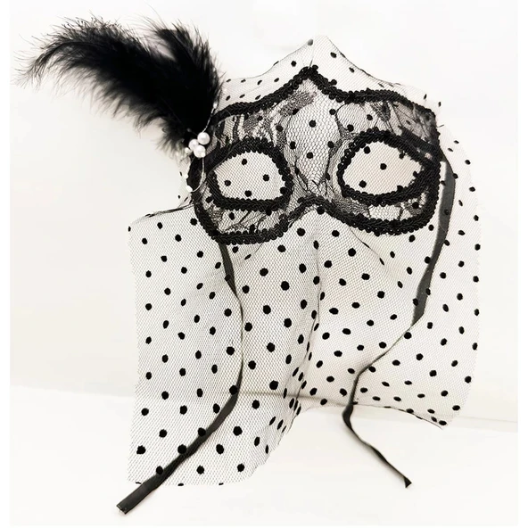 pilelistore Siyah Renk Siyah Puantiyeli Duvaklı İncili Parti Maskesi