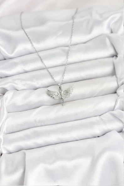 316L Çelik Zincir Gümüş Renk Melek Model Kadın Kolye - Resim 2