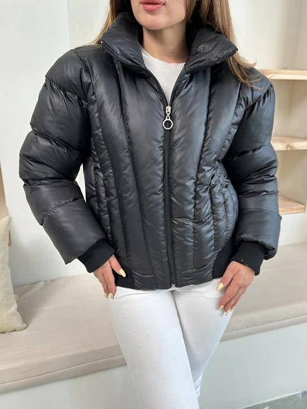 Puffer kısa mont siyah st25534 - Resim 5