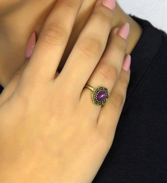 Doğal Taş Ametist Doğal Taşlı Antik Model Kadın Ayarlanabillir Yüzük euy77amt - Resim 2