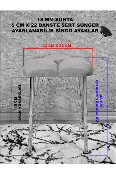 Kare Siyah Boyalı Telli Ayaklı Tabure - Oturak - Bar Taburesi - Ayaklı Tabure Füme Renk 33 x 48 Boyut/Ebat - Resim 5