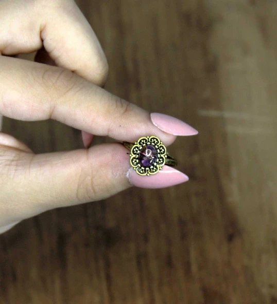 Doğal Taş Ametist Doğal Taşlı Antik Model Kadın Ayarlanabillir Yüzük euy77amt - Resim 3