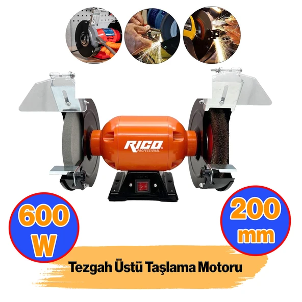 Elektrikli Bıçak Kesici Bileme Taş Motoru 200 mm Zımpara 600 W Rico Taşlama Metal Tezgah Üstü Çark ürün görseli