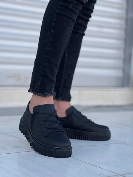 KB-X502  Kuback Siyah Cilt Yüksek Siyah Taban Bağcık Detaylı Lastikli Günlük Erkek Ayakkabı - Resim 2