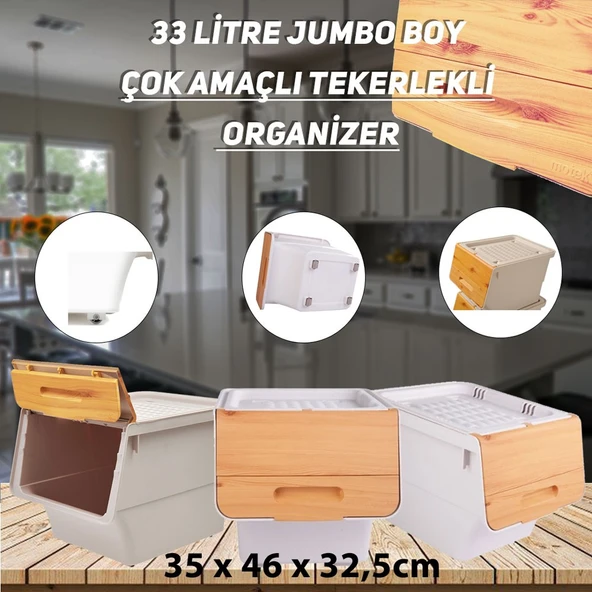 Technow Motek TCH-MT04B 33 Litre Jumbo Boy Bambu Desen Tekerlekli Tekli Organizer + Temizlik Seti - Resim 3