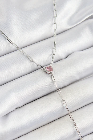 Pirinç Zirkon Taşlı Pembe Kalp Figürlü Y Model Gümüş Renk Kadın Kolye - TJ-BKO10319 ürün görseli 1