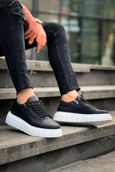 KB-X155 Kuback Siyah Cilt Detaylı Beyaz Yüksek Taban Günlük Spor Ayakkabı ürün görseli 1