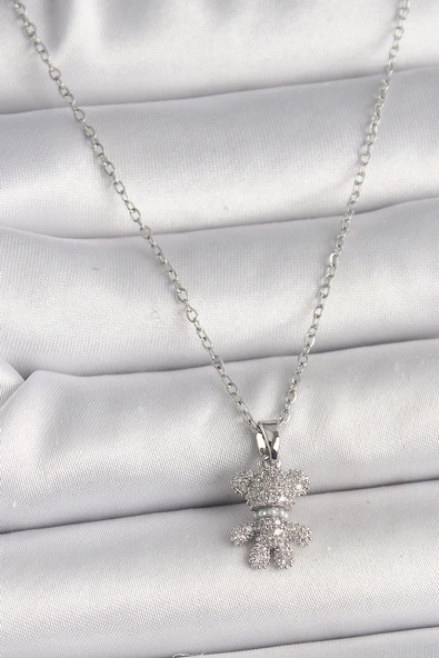 316L Çelik Gümüş Renk Zincir Zirkon Taşlı Ayıcık Figür Kadın Kolye - TJ-BKO9811 ürün görseli 1