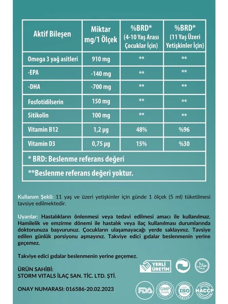 Storm Vitals Clevfish Omega 3 Sitikolin 150ml Sıvı - Resim 4