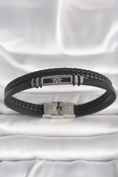 316L Çelik Gümüş Renk Gemi Dümeni Figür Siyah Burgu Deri Kordon Model Erkek Bileklik - TJ-EB3701 ürün görseli 1