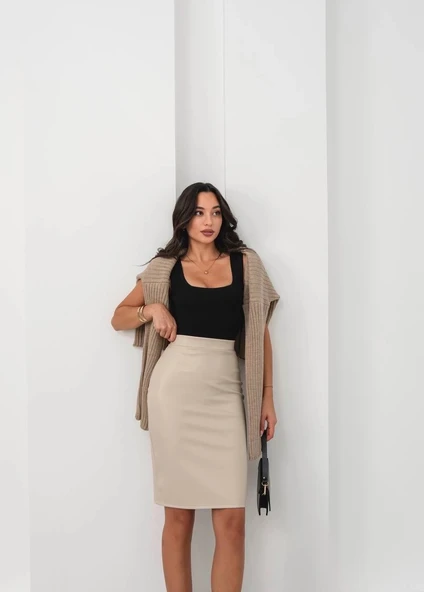 BİÇOMİ Arkadan yırtmaçlı kalem etek bej - Resim 2
