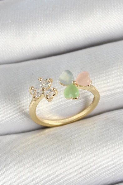 Pirinç Kalp Figürlü Zirkon Taşlı Gold Renk Ayarlanabilir Kadın Yüzük - TJ-BYK3762 ürün görseli 1