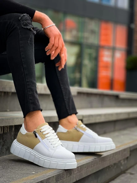 KB-X155 Kuback Beyaz Cilt Bej Süet Detaylı Beyaz Yüksek Taban Günlük Spor Ayakkabı ürün görseli 1