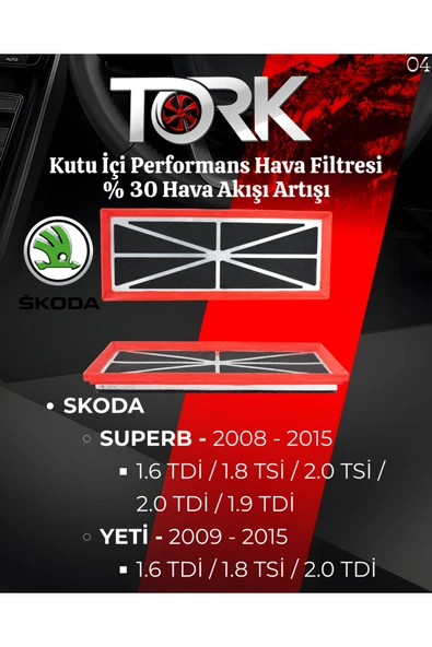 Skoda SuperB-Yeti (1.9 TDİ-1.6 TDİ-2.0 TDİ) Performans Hava Filtresi-(%30 Hava Akış Artışı)