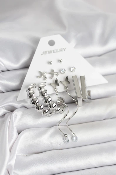 pilelistore Gümüş Renk Pirinç 6'lı Kadın Küpe Seti - TJ-BKP11330