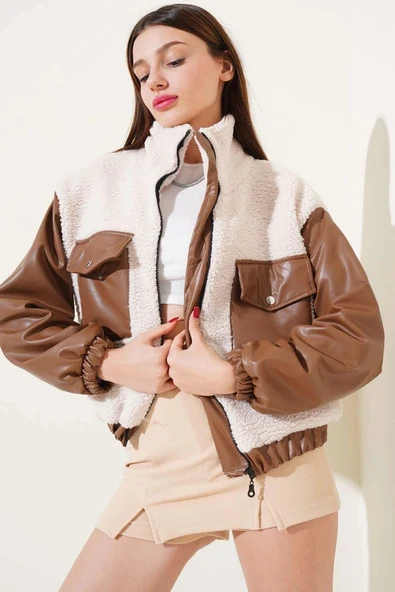 Deri garnili cepli peluş mont taba t1253 - Resim 3