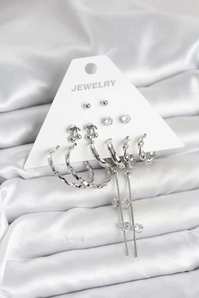 pilelistore Gümüş Renk Pirinç 6'lı Kadın Küpe Seti - TJ-BKP11341