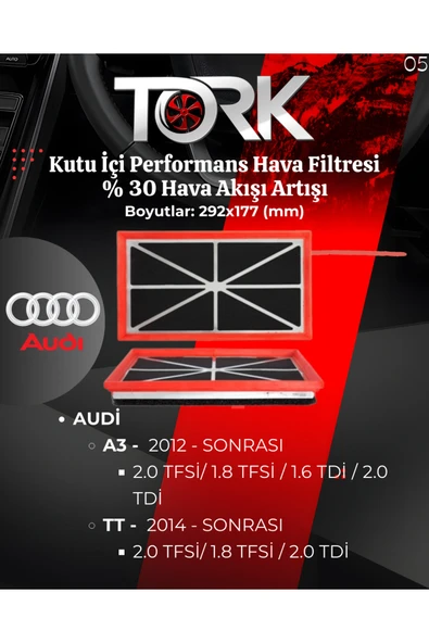 AUDİ A3-TT-(1.6 TDİ-2.0 TDİ-2.0 TFSİ) Performans Hava Filtresi-(%30 Hava Akış Artışı)