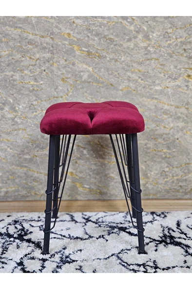 Kare Siyah Boyalı Telli Ayaklı Tabure - Oturak - Bar Taburesi - Ayaklı Tabure Bordo Renk 33 x 48 Boyut/Ebat - Resim 2