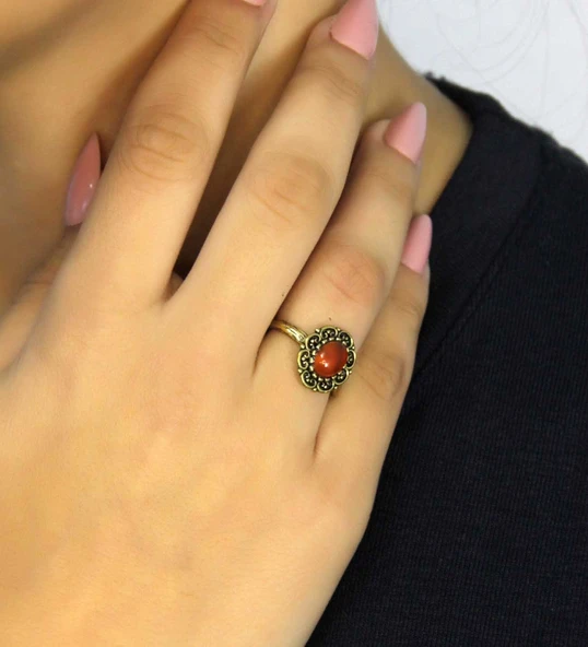 Doğal Taş Akik Oval Doğal Taşlı Antik Model Kadın Ayarlanabillir Yüzük euy77a - Resim 2