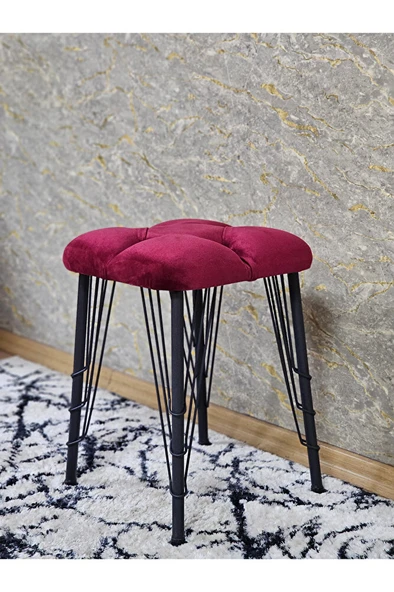 Kare Siyah Boyalı Telli Ayaklı Tabure - Oturak - Bar Taburesi - Ayaklı Tabure Bordo Renk 33 x 48 Boyut/Ebat - Resim 4