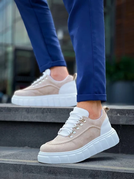 KB-X10 Kuback Bej Süet Beyaz Yüksek Taban Günlük Spor Ayakkabı - Resim 5