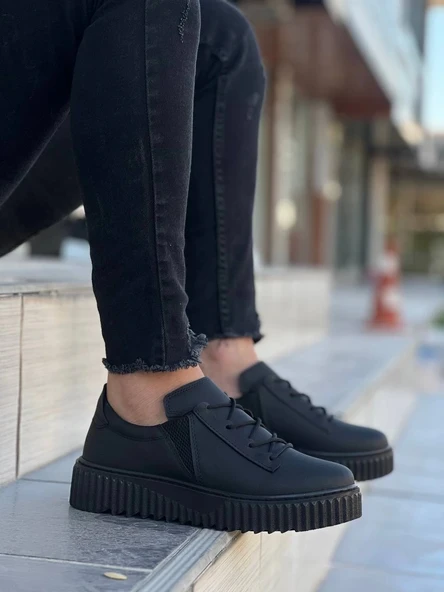 KB-X502  Kuback Siyah Cilt Yüksek Siyah Taban Bağcık Detaylı Lastikli Günlük Erkek Ayakkabı - Resim 3