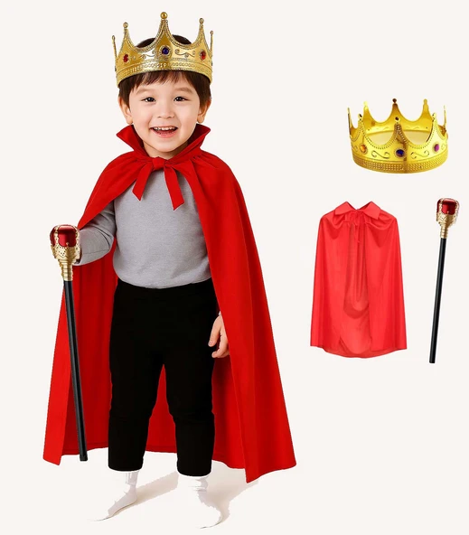 Çocuk Kral Kostüm Seti – Kırmızı Pelerin, Taç ve Asa (90 cm) ürün görseli 1