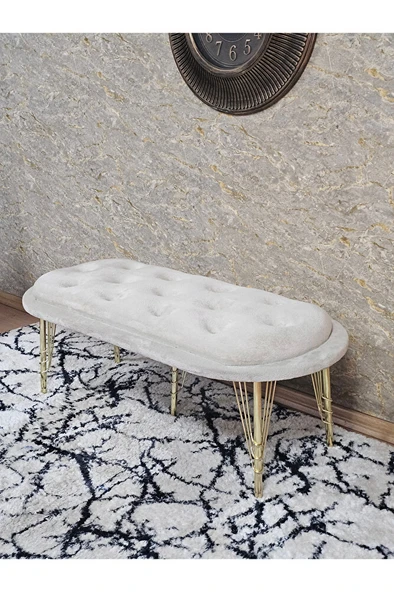 Ufo Oturak Bench - Gold Kaplama Telli Ayak - Oturak - Bench - Puf - Yatak Ucu Pufu Krem Renk 100 x 50 Boyut/Ebat - Resim 4