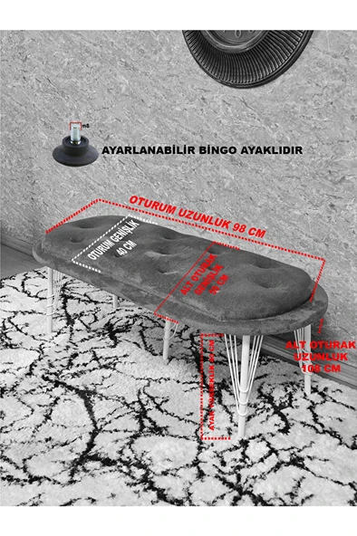 Ufo Oturak Bench - Gold Kaplama Telli Ayak - Oturak - Bench - Puf - Yatak Ucu Pufu Siyah Renk 100 x 50 Boyut/Ebat - Resim 5