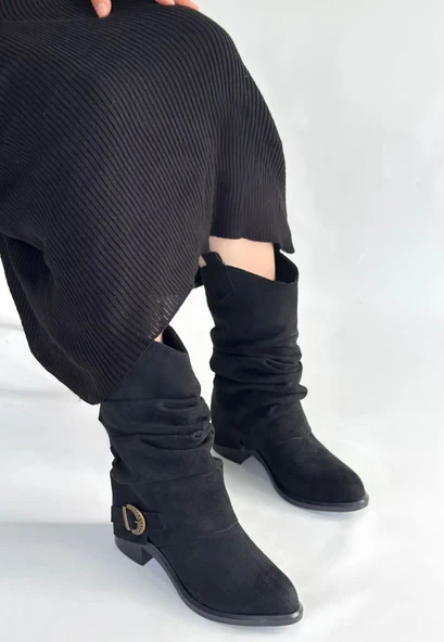Canty Siyah Süet Körüklü Topuklu Çizme - Resim 3