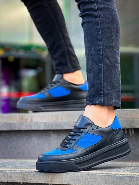 KB-X8 Kuback Siyah Cilt Mavi Süet Detaylı Siyah Yüksek Taban Günlük Spor Ayakkabı - Resim 3