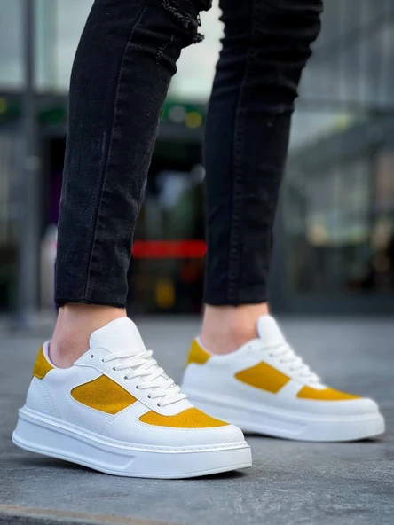 KB-X8 Kuback Beyaz Cilt Sarı Süet Detaylı Beyaz Yüksek Taban Günlük Spor Ayakkabı - Resim 3