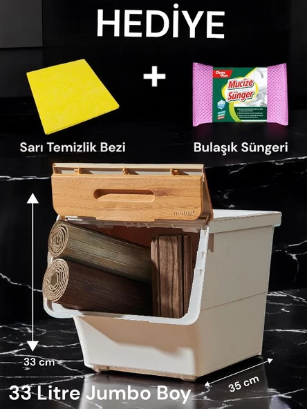 Technow Motek TCH-MT04B 33 Litre Jumbo Boy Bambu Desen Tekerlekli Tekli Organizer + Temizlik Seti ürün görseli 1