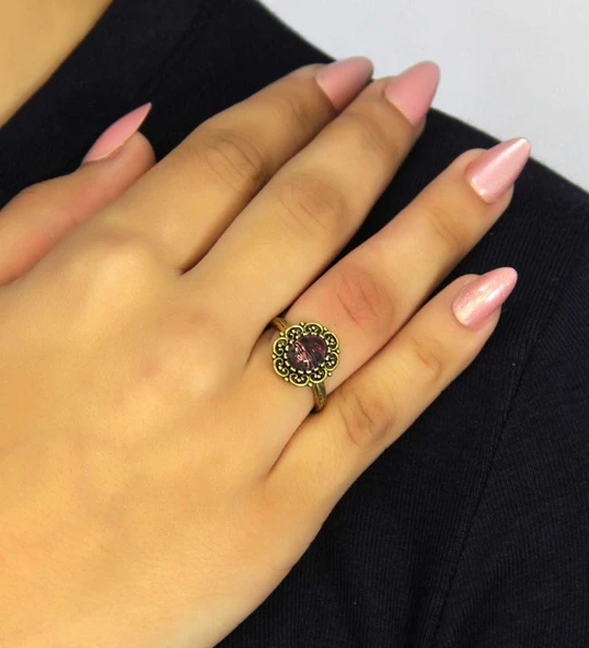 Doğal Taş Ametist Doğal Taşlı Antik Model Kadın Ayarlanabillir Yüzük euy77amt ürün görseli