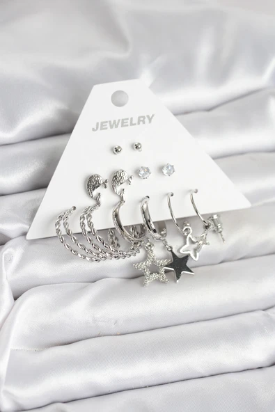 Pirinç Gümüş Renk 6'lı Kadın Küpe Seti - EBJ251025W38258 ürün görseli